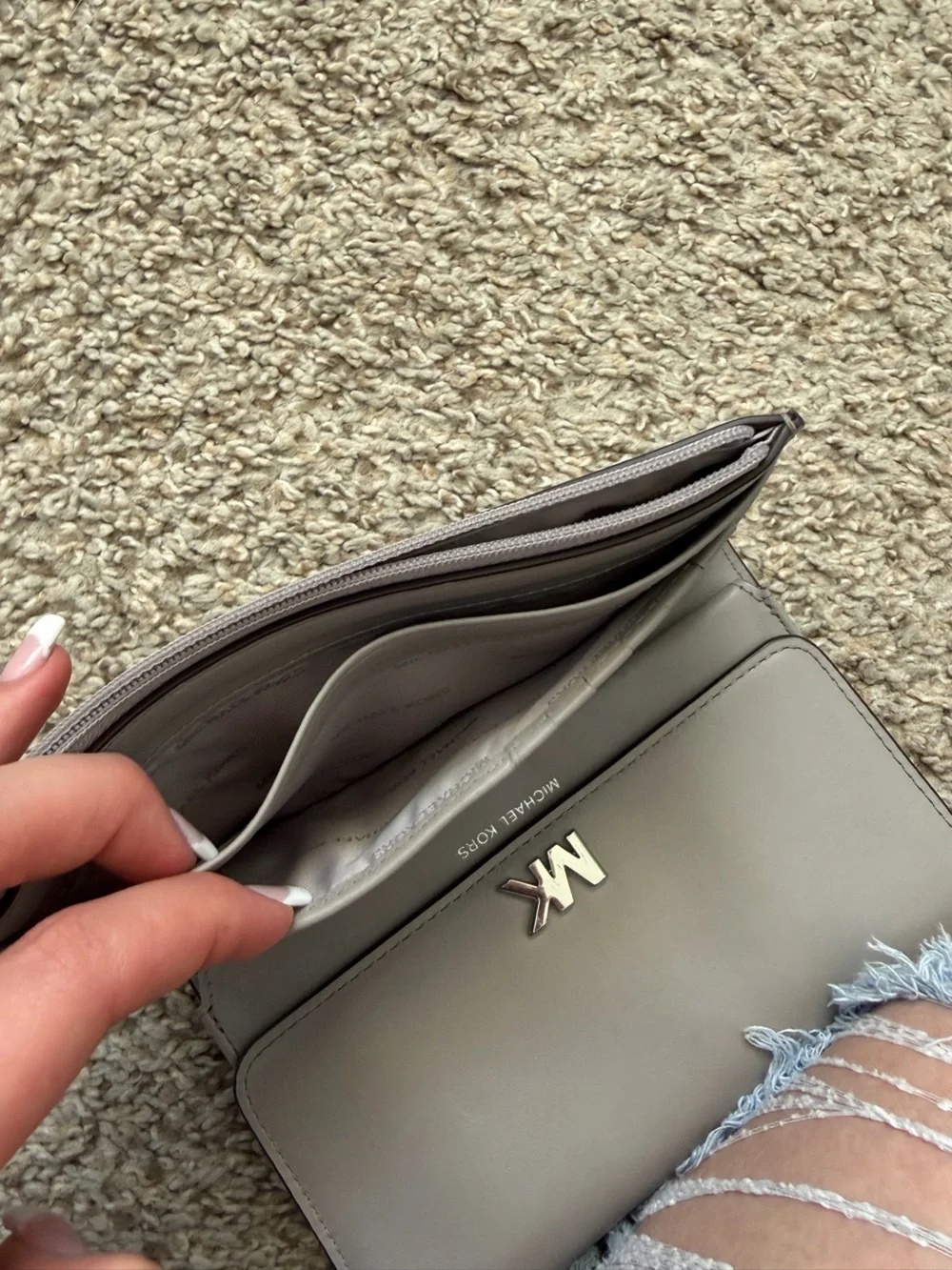 Michael Kors Light Grey Leather MK Logo Clutch Wallet